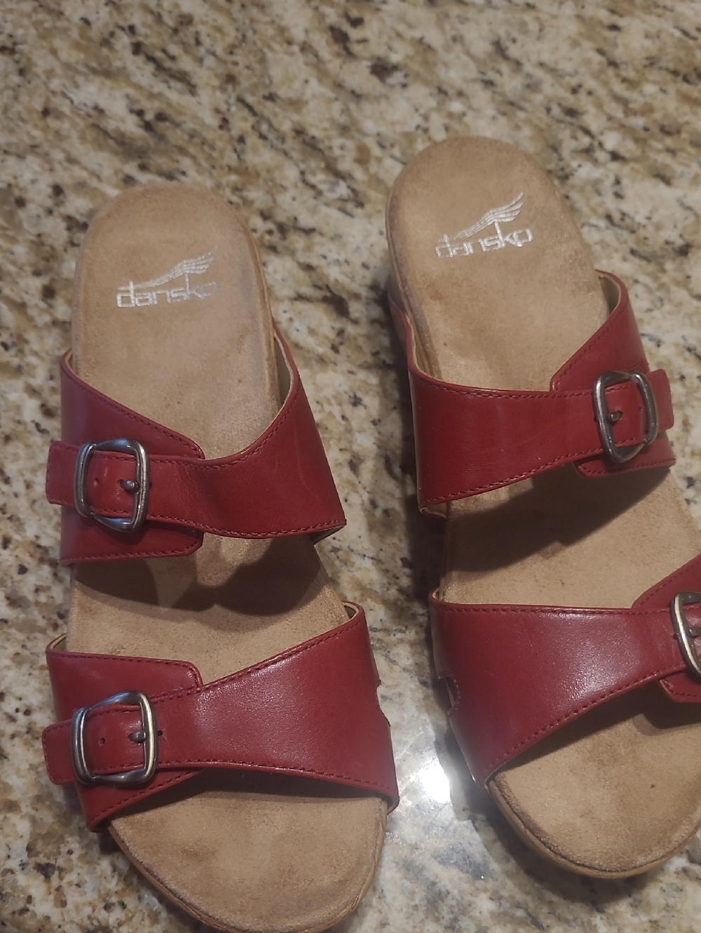 Dansko Women's Red Leather Two-Buckle Slide Sandals